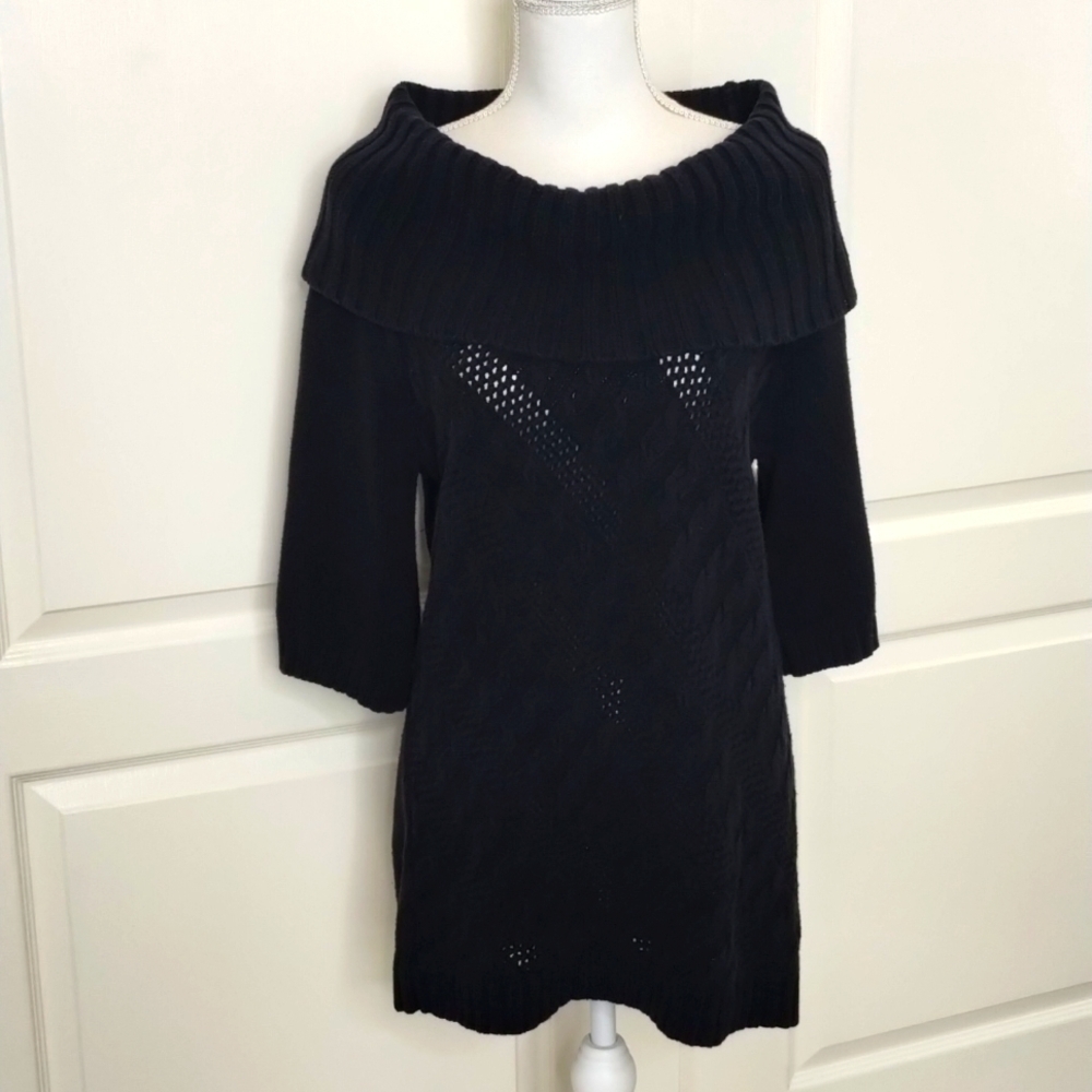 ELLE women's size XL black cable knit cowl neck sweater short sleeve